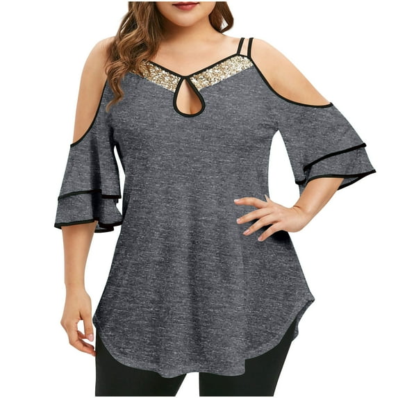 Akafmk Plus Size Womens Summer Tops,Short Sleeve Tops for Women,Fashion Oversize Solid Color Shirt Hollow V-neck Cold Shoulder Trendy Loose Dressy Casual Blouses