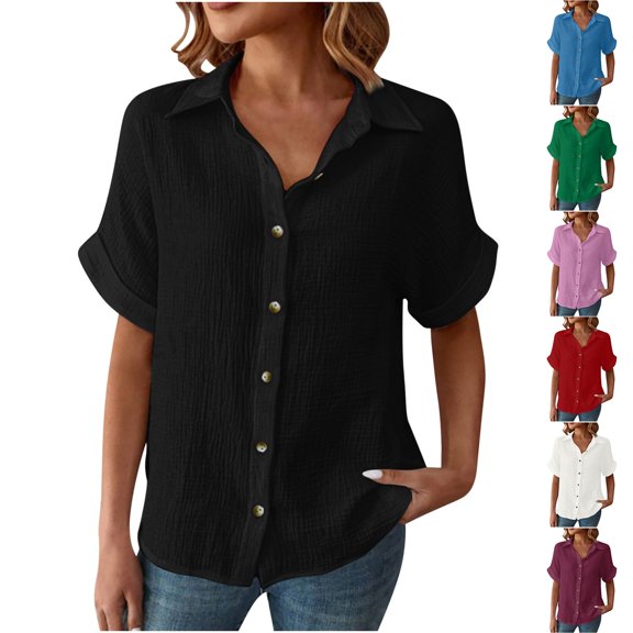Akafmk Plus Size Womens Summer Tops,Short Sleeve Tops for Women,Fashion Solid Color Casual Button Shirt Loose Fitting Multi-color Raglan Sleeve Trendy Blouses