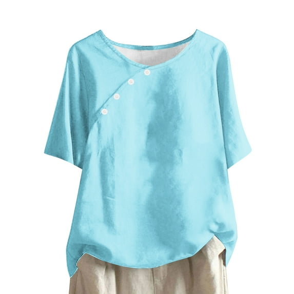 Summer Savings Clearance 2025! Akafmk Plus Size Womens Summer Tops,Short Sleeve Tops for Women,Fashion Solid Color Casual Cotton Linen Shirt Round Neck Linen Knot Button Dressy Casual Blouses