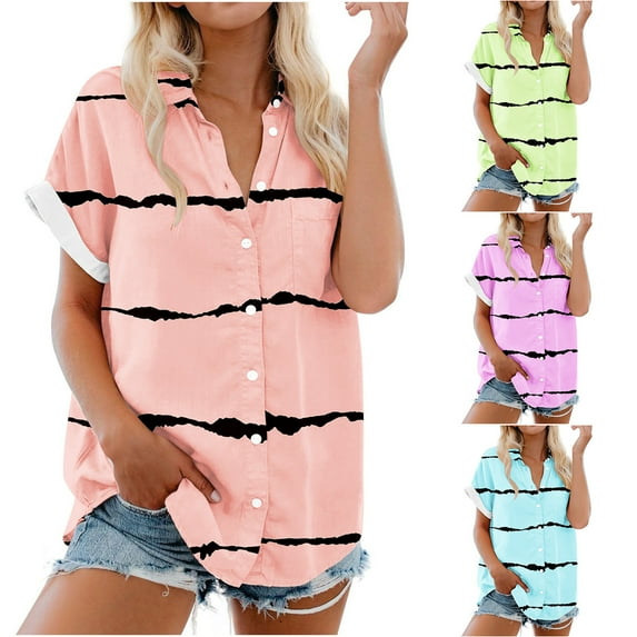 Akafmk Plus Size Womens Summer Tops,Short Sleeve Tops for Women,Fashion Stripe Print Button Shirt Female Lightweight Lapel Neck Loose Blouse