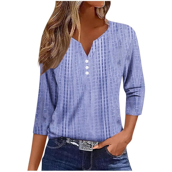 Bovxnpu 3/4 Length Sleeve Womens Tops, Business Dressy Casual Blouses for Women, Women's Fashion Casual Printed V-Neck Button T-Shirt 3/4 Sleeve V-Neck Loose Top M