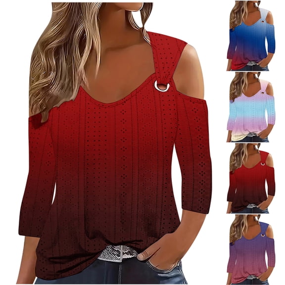 Bovxnpu 3/4 Length Sleeve Womens Tops, Casual Tunic Tops for Women Loose Dressy, Women's Casual Printed Shoulder Leakage Pullover Short Sleeve Top M