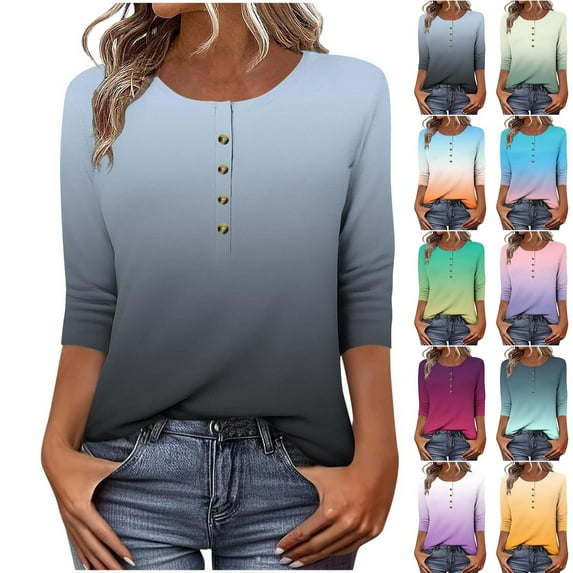 Bovxnpu 3/4 Length Sleeve Womens Tops, Casual Tunic Tops for Women Loose Dressy, Women's Printed Button 3/4 Sleeve T-shirt Comfortable And Casual Loose Top XL