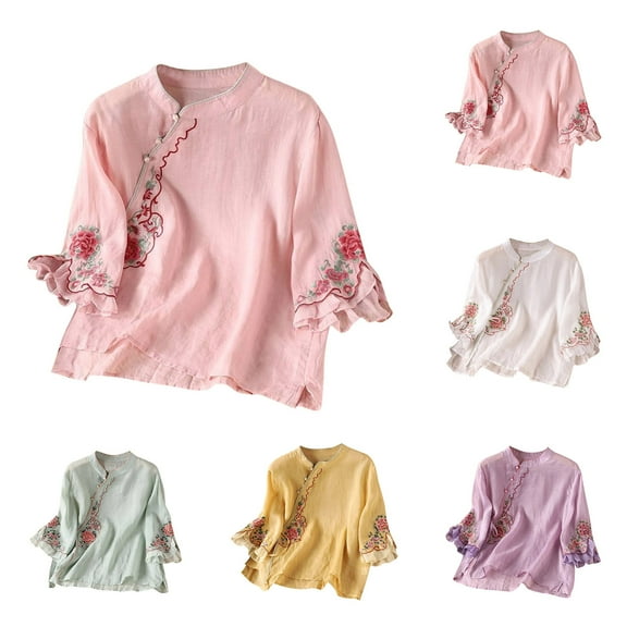 Bovxnpu 3/4 Length Sleeve Womens Tops, Cotton Casual Blouses for Women, Ladies' Casual Cotton And Linen Embroidered Buttoned Cardigan Round Neck Top L