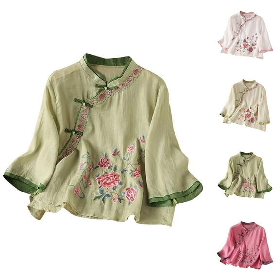 Bovxnpu 3/4 Length Sleeve Womens Tops, Cotton Casual Blouses for Women, Ladies' Casual Cotton And Linen Embroidery Button Quarter Stand Up Collar Top Cardigan XXL