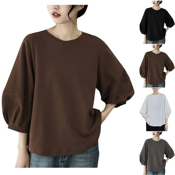 Bovxnpu 3/4 Length Sleeve Womens Tops, Cotton Casual Blouses for Women, Ladies' Loose And Spring And Summer Lantern Sleeves 3/4 Quarter Sleeves Round Neck Top L