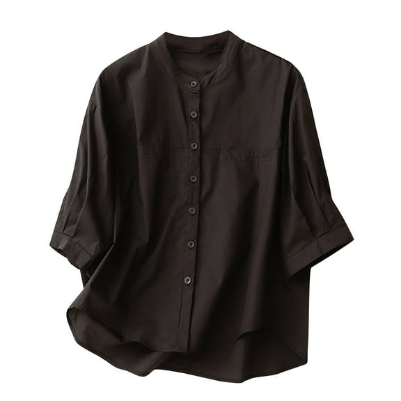 Bovxnpu 3/4 Length Sleeve Womens Tops, Cotton Casual Blouses for Women, Women's Solid Color Imitation Cotton And Linen Button 3/4 Sleeved Round Neck Fashionable Top L