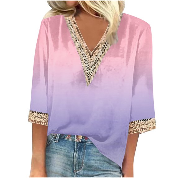 Bovxnpu 3/4 Length Sleeve Womens Tops, Cotton Casual Tunic Tops for Women Loose Dressy, Women's Fashion Printed T-shirt 3/4 Sleeves Blouse Round Neck Casual S