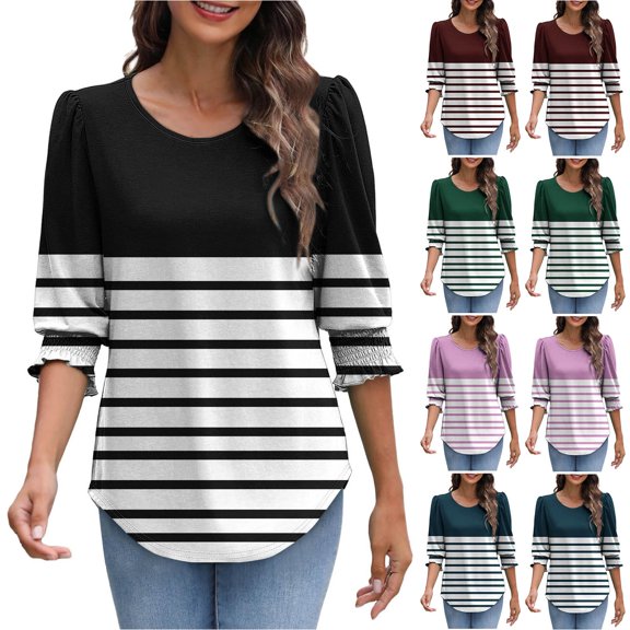 Bovxnpu 3/4 Length Sleeve Womens Tops, Cotton Casual Tunic Tops for Women Loose Dressy, Womens Casual Printed 3/4 Length Sleeve Smocked Cuffs XL