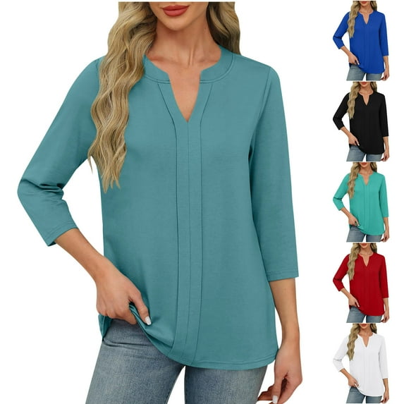Bovxnpu 3/4 Length Sleeve Womens Tops, Cotton Casual Tunic Tops for Women Summer Tees Shirts, Ladies' Fashion Solid Color V-neck 3/4 Sleeve T-shirt Top XL