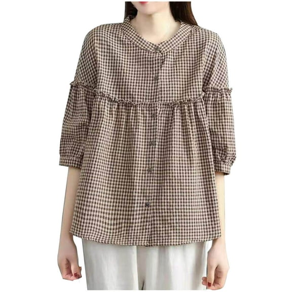 Bovxnpu 3/4 Length Sleeve Womens Tops, Cotton Dressy Casual Blouses for Women, Women's Casual Fashion Buttoned Top 3/4 Sleeve Round-Neck Blouses Shirts M