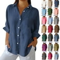 thumbnail image 1 of Bovxnpu 3/4 Length Sleeve Womens Tops, Cotton Dressy Casual Blouses for Women, Women's Cotton And Linen Button Pocket Shirt Jacket T-shirt Home Casual T-shirt L, 1 of 7