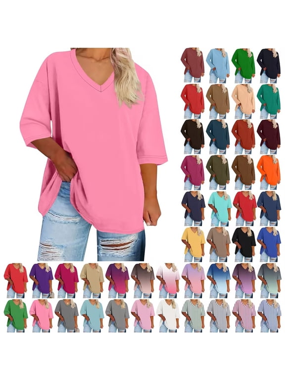 3/4 Length Sleeve Womens Tops, Plus Size Cotton Casual Blouses for Women, Women's Oversized V-neck Short Sleeved Solid Summer Base Shirt Sports T-shirt XXXXL