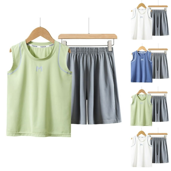 Bovxnpu Boys' Active Shorts Set, Tank Top Tee and Gym Shorts Activewear, Children's Summer Printing Comfortable Round-Neck Tank Top Sets For Kids 12-13 Years