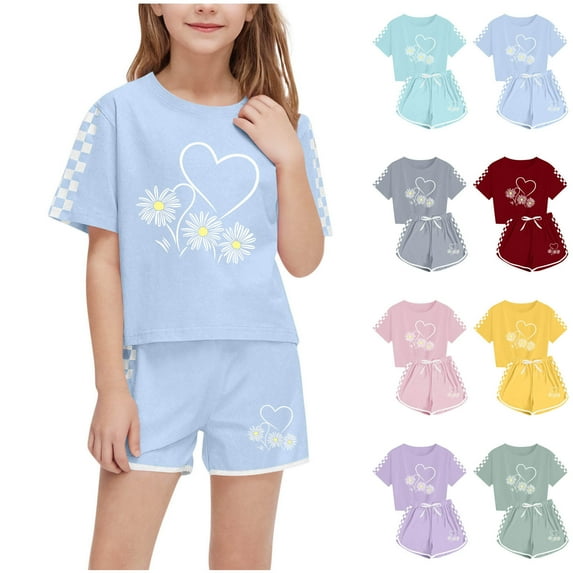 Bovxnpu Boys Girls 2 Piece Outfits, Girl Short Set Cute T-Shirt Shorts, Boy And Girls' Casual Short Sleeve Round Neck Collar Botton Printed Short Pants Sets 9 Years