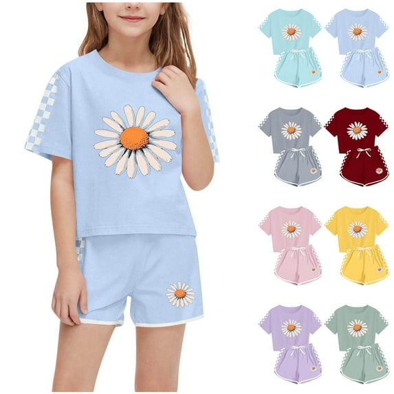Bovxnpu Boys Girls 2 Piece Outfits, Girl Short Set Cute T-Shirt Shorts, Boy And Girls' Casual Short Sleeve Round Neck Collar Botton Printed Short Pants Sets 5 Years