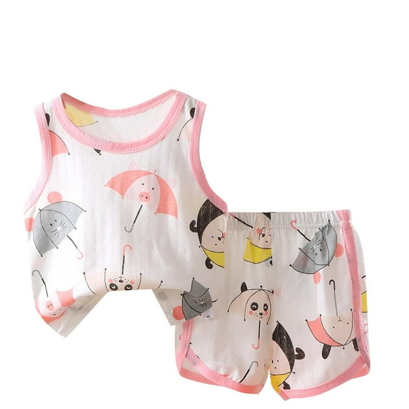Bovxnpu Boys Girls 2 Piece Outfits, Girl Sleeveless Tee T Shirt Tank Top Shorts, Summer Thin Sleeveless Round Neck Set Home Wear Cute Print Top+shorts 4 Years