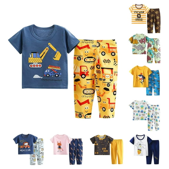 Summer Savings Clearance 2025 Bovxnpu Boys Girls Cotton Pajamas Sets, Toddler Boys 2 Piece Loungewear Set, Boys' Casual Short Sleeve Tops Round Neck Collar Botton Printed Short Pants 4-5 Years