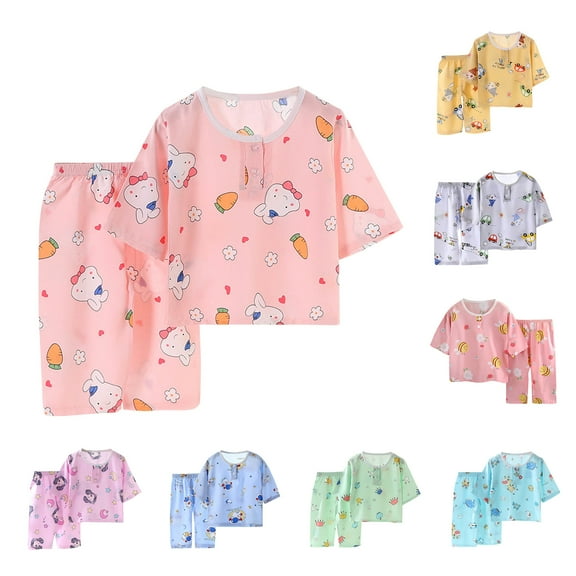Bovxnpu Boys Girls Cotton Pajamas Sets, Toddler Girls 2 Piece Loungewear Set, Fashion Casual Short Sleeve Round Neck Collar Botton Printed Short Pants 5 Years