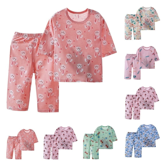 Bovxnpu Boys Girls Cotton Pajamas Sets, Toddler Girls Long Sleeve Top and Pant 2 Piece Loungewear Set, Children's Home Clothes Summer Conditioned Clothes Set 5 Years