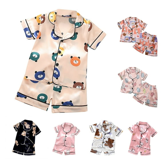 Bovxnpu Boys Girls Satin Pajamas Sets, Toddler Girls 2 Piece Loungewear Set, Casual Button Print Cute Short Sleeve Pocket Short Pants Loose Home Clothing 1 Year