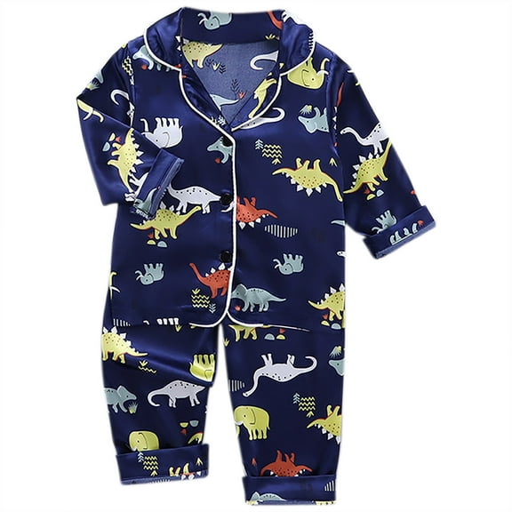 Bovxnpu Boys Girls Satin Pajamas Sets, Toddler Girls Button-Down Sleepwear 2 Piece Loungewear Set, Long Sleeved Trousers Printed Children's Home Clothes Suits 4 Years