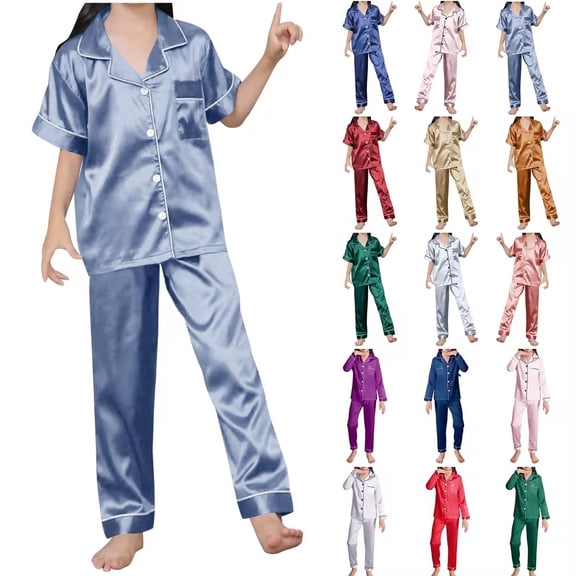 Bovxnpu Boys Girls Satin Pajamas Sets, Toddler Girls Button-Down Sleepwear 2 Piece Loungewear Set, Solid Color Long Sleeved Home Wear Clothes Suit 7 Years