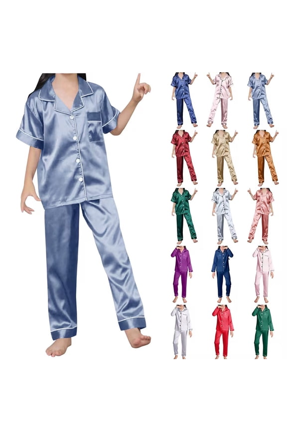 Boys Girls Satin Pajamas Sets, Toddler Girls Button-Down Sleepwear 2 Piece Loungewear Set, Solid Color Short Sleeved Home Wear Clothes Suit 3 Years