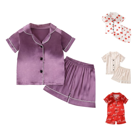 Bovxnpu Boys Girls Satin Pajamas Sets, Toddler Girls Button-Down Sleepwear 2 Piece Loungewear Set, Solid Color Short Sleeved Shorts Home Wear Clothes Suit 5 Years
