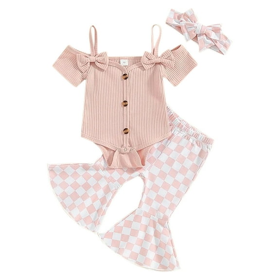 Bovxnpu Girls 2 Piece Outfits, Girl Flared Legging Pants and Shirt, Summer Baby Girl Short-sleeved Ripped Romper   Printed Trousers   Hairband Three-piece Set 18 Months