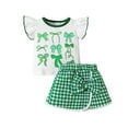 thumbnail image 1 of Bovxnpu Girls 2 Piece Outfits, Ruffle Short Sleeve Shirts Top and Short, Girls' Fashion Flying Sleeve Bow Printed Top Irregular Checkered Short Skirt Set 12-18 Months, 1 of 5