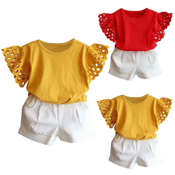 Bovxnpu Girls 2 Piece Outfits, Ruffle Short Sleeve Shirts Top and Short, Girls' Summer Fashion Cute Hollow Sleeve Top Casual Solid Color Shorts Set 3 Years
