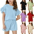 thumbnail image 1 of Bovxnpu Girls 2 Piece Outfits, Ruffle Short Sleeve Shirts Top and Short, Summer Solid Color Comfortable Short Sleeve Round-Neck Blouses Sets 4-5 Years, 1 of 8