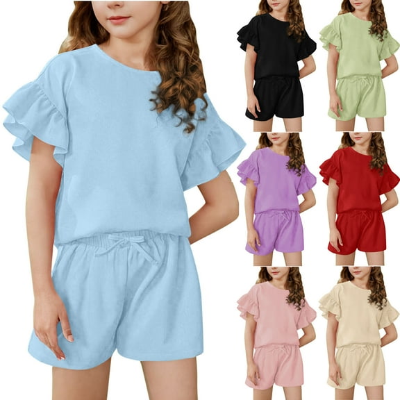 Bovxnpu Girls 2 Piece Outfits, Ruffle Short Sleeve Shirts Top and Short, Summer Solid Color Comfortable Short Sleeve Round-Neck Blouses Sets 4-5 Years