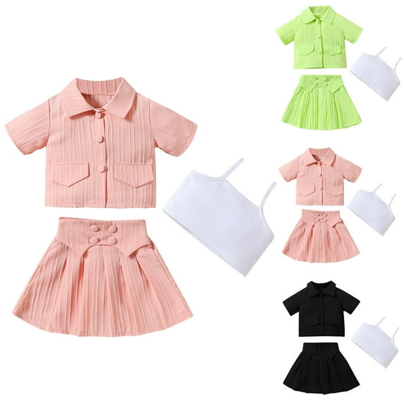 Bovxnpu Girls 2 Piece Outfits, Toddler Girls Cotton Cami Tops and Pleated Skirt, Short Sleeve Jacket White Short Suspenders + Pleated Short Skirt Solid Set 3 Years