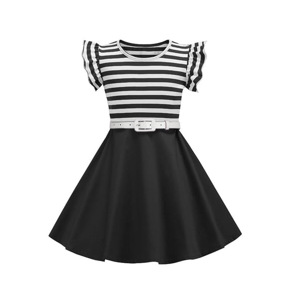 Bovxnpu Girls Summer Dresses,Midi Dress for Girls,Girls Summer Waist Stripe Solid Color Spliced Flying Sleeve Sleeves Round Neck Dress Black 6 Years