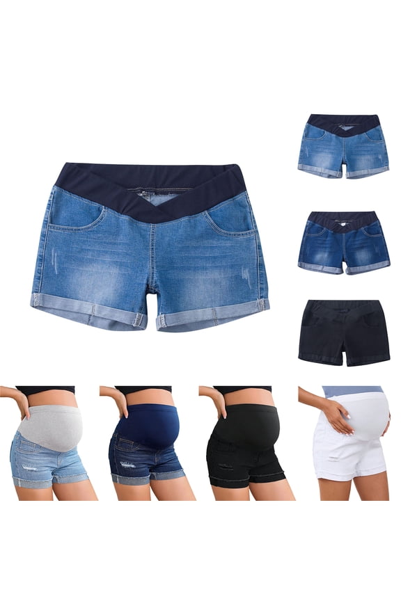 Maternity Clothes For Women, Women's Maternity Jean Shorts Summer Distressed Denim Shorts, Woman Fashion Solid Color Elastic Waist Pockets Shorts Jeans L