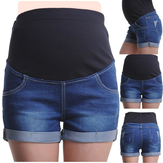Bovxnpu Maternity Clothes For Women, Women's Maternity Jean Shorts Summer Distressed Denim Shorts, Woman Fashion Solid Color Elastic Waist Pockets Shorts Jeans XXL