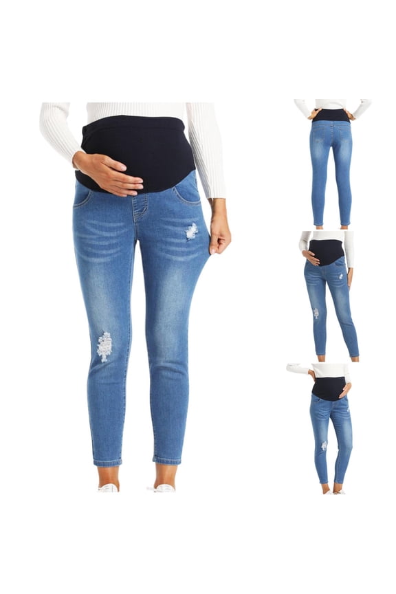 Maternity Clothes For Women, Women's Maternity Jeans Over Belly Stretch Jeans Pregnancy Pants, Solid Color Elastic Waist Pockets Full Length Pants Jeans M