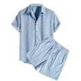 thumbnail image 1 of Summer Savings Clearance 2025! Bovxnpu Men's 2 Piece Summer Outfits Short Sleeve Button Shirt and Shorts Set, Men Casual Turn-down Collar V-neck Short Sleeve Set Blouse and Pants Suit Blue XXXL, 1 of 3