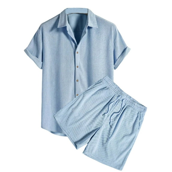 Summer Savings Clearance 2025! Bovxnpu Men's 2 Piece Summer Outfits Short Sleeve Button Shirt and Shorts Set, Men Casual Turn-down Collar V-neck Short Sleeve Set Blouse and Pants Suit Blue XXXL