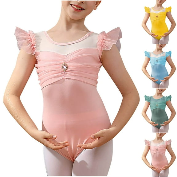 Bovxnpu One-piece Gymnastics Leotards for Girls, Toddler Kids Dance Outfits, Children's Solid Color Short Sleeved Round Neck Dance Suit Girls' Jumpsuit 5-6 Years