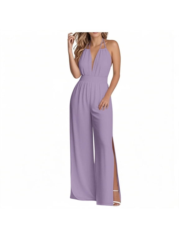 Plus Size Jumpsuits for Women, Sleeveless Jumpsuit V Neck Elegant for Womens Dressy Casual One Piece Romper Outfits, Women's Loose Adjustable Jumpsuits L
