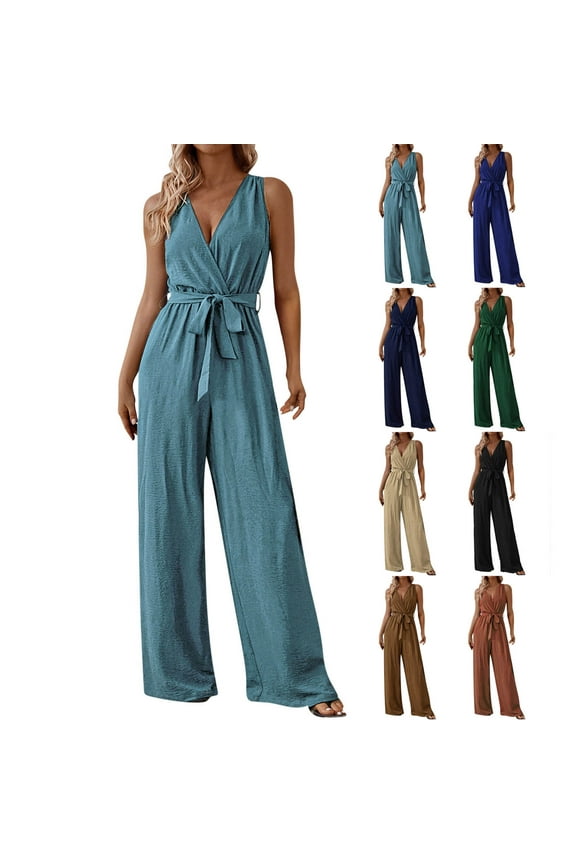 Plus Size Jumpsuits for Women, Sleeveless Jumpsuit V Neck Elegant for Womens Dressy Casual One Piece Romper Outfits, Womens Casual Sleeveless Jumpsuit L