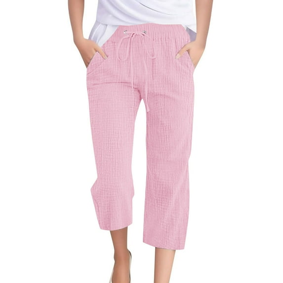 Bovxnpu Plus Size Pants For Women, Capris Pants for Women Cotton Linen Cropped Pants, Fashion Womens Casual Color Elastic Loose Pants Capris With Pocket XXL