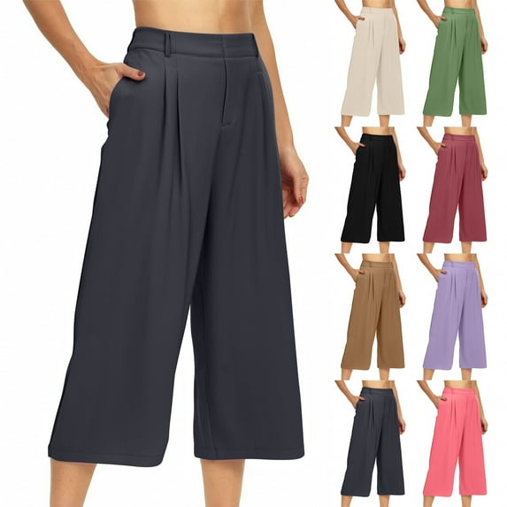 Bovxnpu Plus Size Pants For Women, Capris Pants for Women Cropped Trouser With Pocket, Women's Summer Solid Color Casual High Waisted Side Pockets Wide Leg Pants S