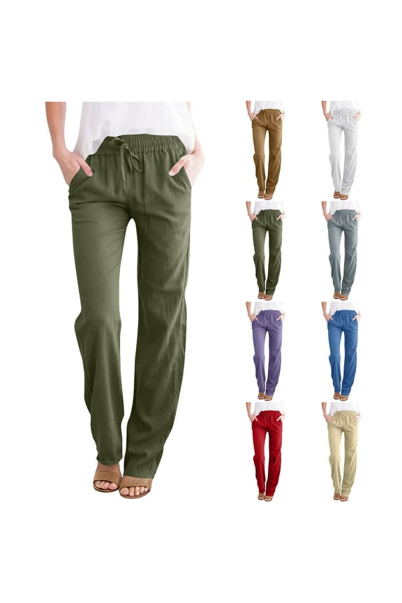 Plus Size Pants For Women, Womens Cotton Linen Pants Drawstring Casual Trousers with Pockets, Women Casual Linen Drawstring Elastic Waist Wide Leg Pants XL