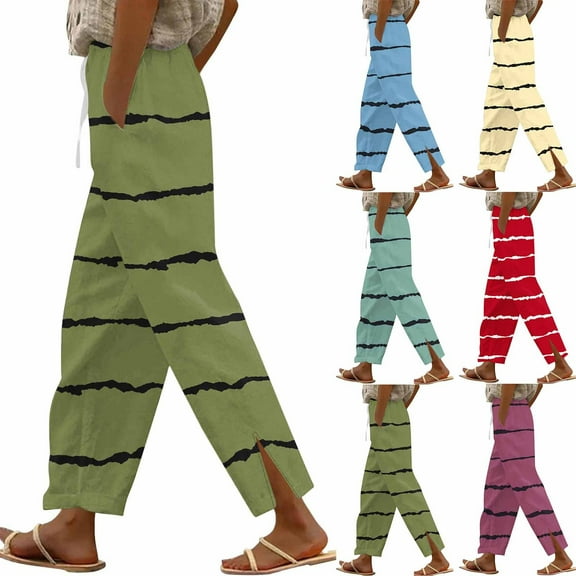 Bovxnpu Plus Size Pants For Women, Womens Cotton Linen Pants Drawstring Casual Trousers with Pockets, Women's Cotton And Linen Straight Leg Pants With Side Slits M