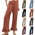 thumbnail image 1 of Bovxnpu Plus Size Pants For Women, Womens Wide Leg Pants Casual Beach Trousers, Woman Fashion Solid Color Ruffle Elastic Waist High Waist Long Pants L, 1 of 7
