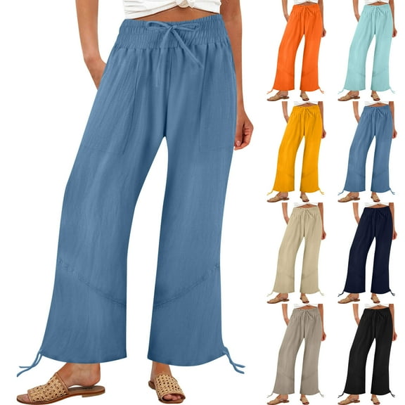 Bovxnpu Plus Size Pants For Women, Womens Wide Leg Pants Drawstring Casual Pants, Women's Solid Color High-Waisted Casual Pocket Baggy Wide-Leg Shorts L